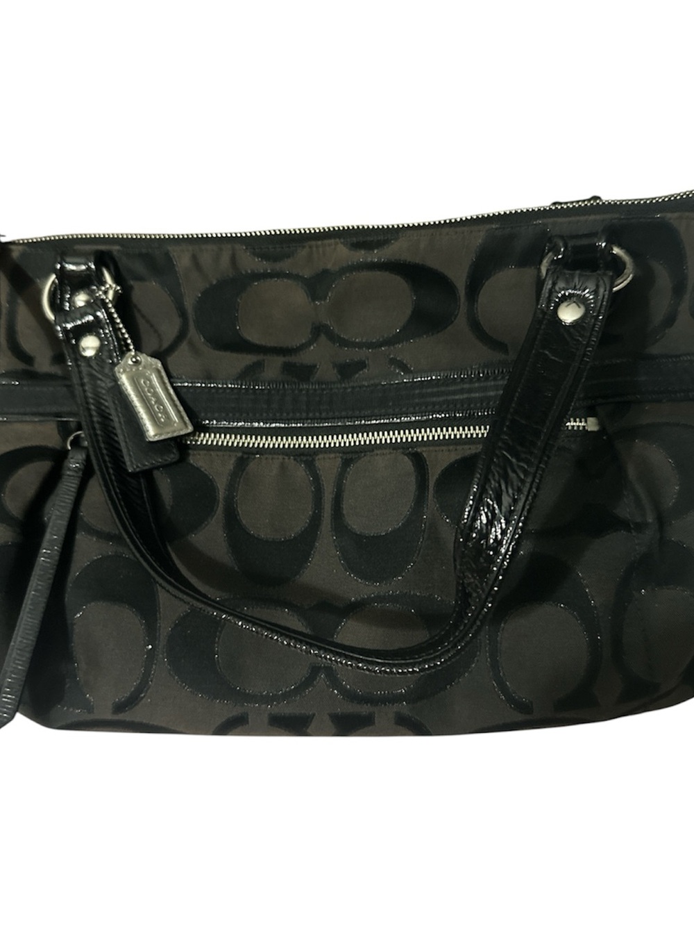 Coach Black Signature Tote with Patent Leather Trim silver acc two tags new big